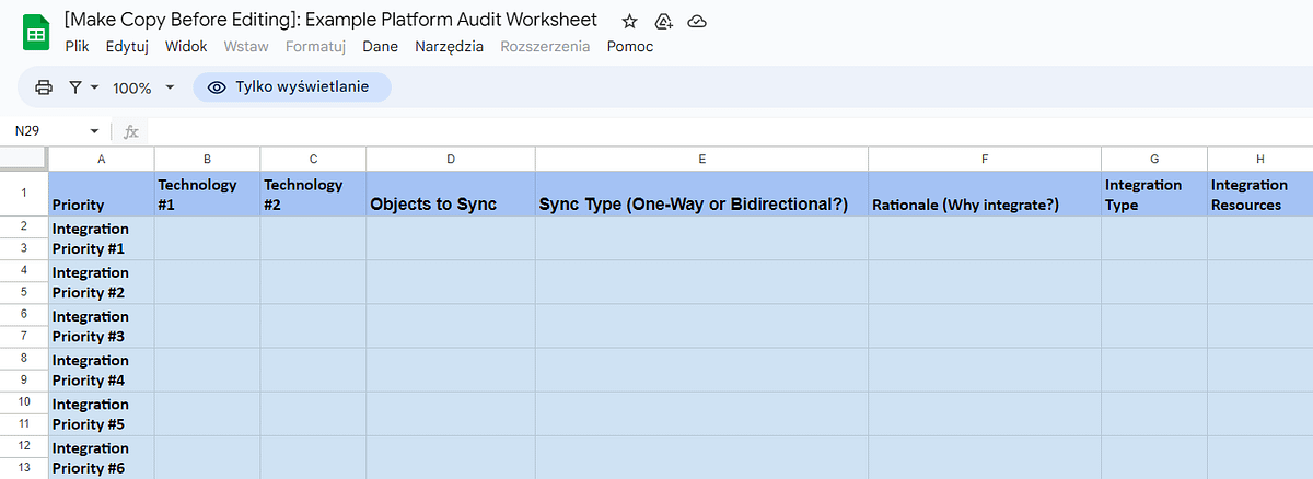 platform audit worksheet example for documenting code