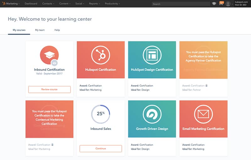 hubspot learning center screenshot