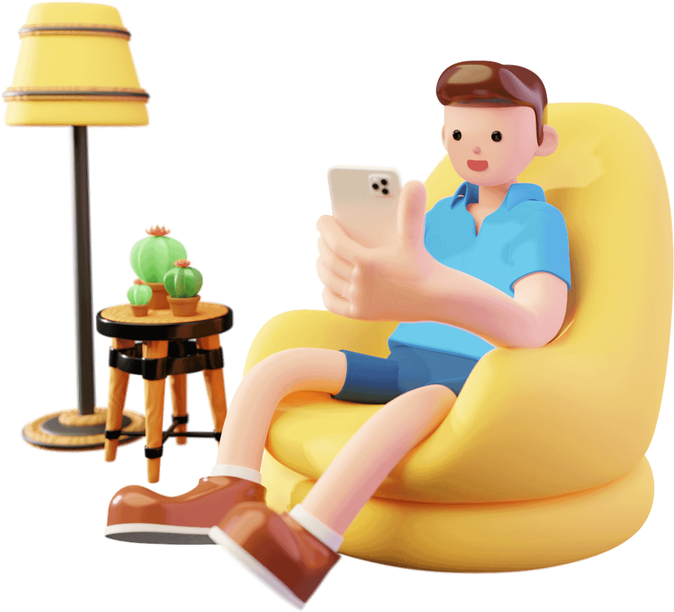 a drawing of a man sitting on an armchair and using his phone